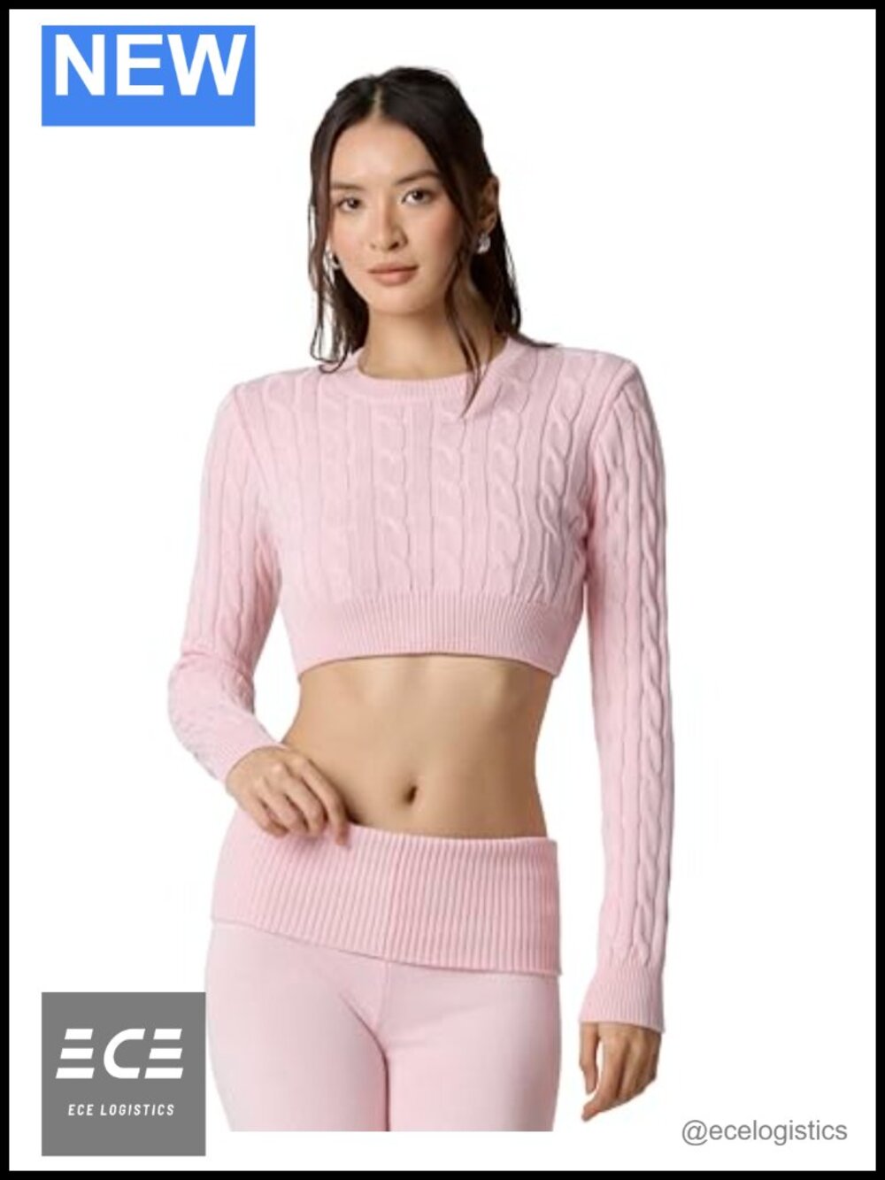 Super Crop Cable Knit Sweater Crew Neck Pullover Long Sleeve